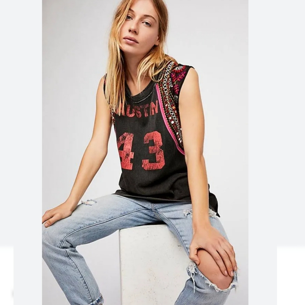 Free People Black Tank Top with Red Accents and Multicolor Embellished Shoulders